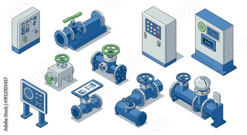 Industrial pipe and control panel set in isometric 3d style for automation system design