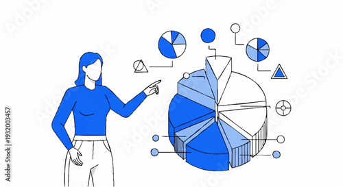 Businesswoman presenting data with pie charts and analytics.