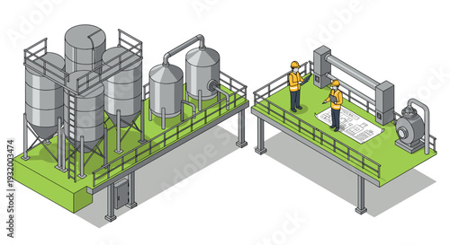Isometric industrial facility design with workers on platform