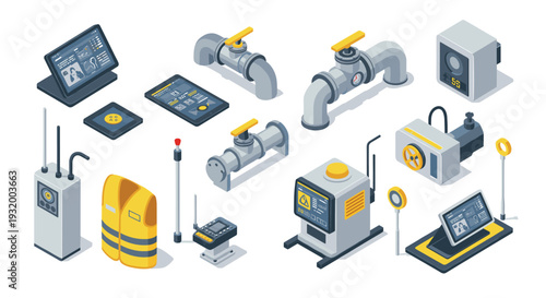 Isometric industrial safety equipment and control panels in modern digital layout