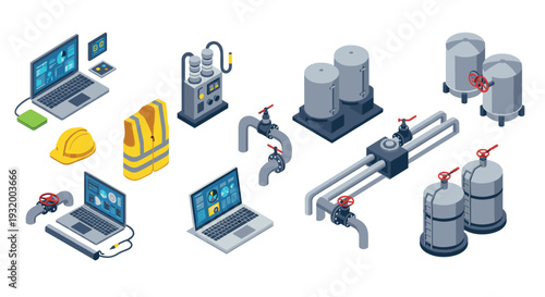 Industrial isometric design with safety equipment and machinery elements