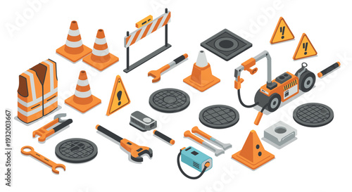 Isometric construction tools and safety equipment set with traffic signs