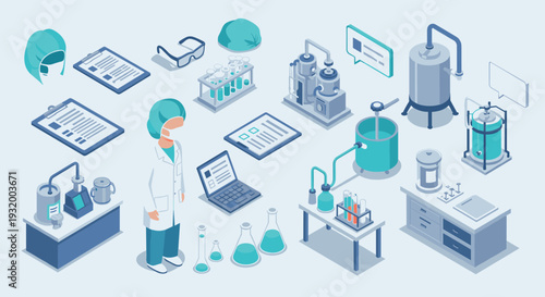 Isometric laboratory equipment and scientist in modern medical research facility