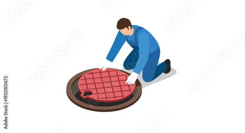 Worker installing manhole cover in isometric style on white background