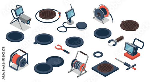 Isometric industrial tools and equipment for drain maintenance on white background