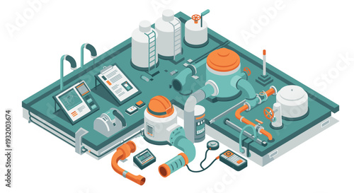 Industrial factory automation in isometric design with machinery and technology elements