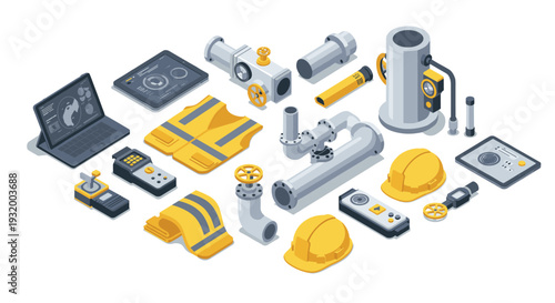 Isometric industrial safety equipment and tools for modern manufacturing