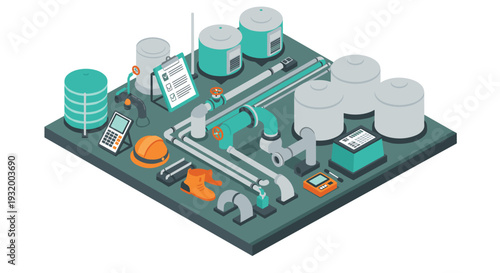 Industrial factory isometric design featuring modern machinery and safety equipment