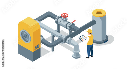 Isometric industrial engineer monitoring pipeline system with digital tablet