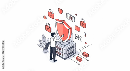 Cybersecurity shield protecting digital data servers from threats.