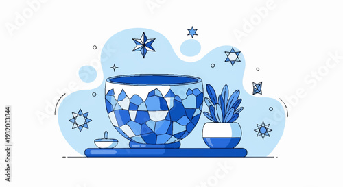 Decorative Blue Mosaic Bowl with Plant and Candle.