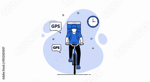 Delivery person on bicycle with GPS and clock indicating time.