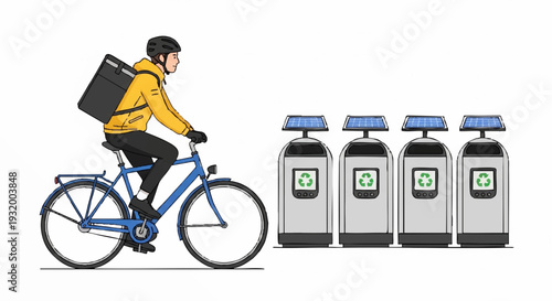 Delivery person on bicycle with recycling bins illustration.