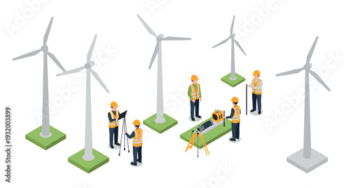 Wind farm workers in isometric style with wind turbines and survey equipment