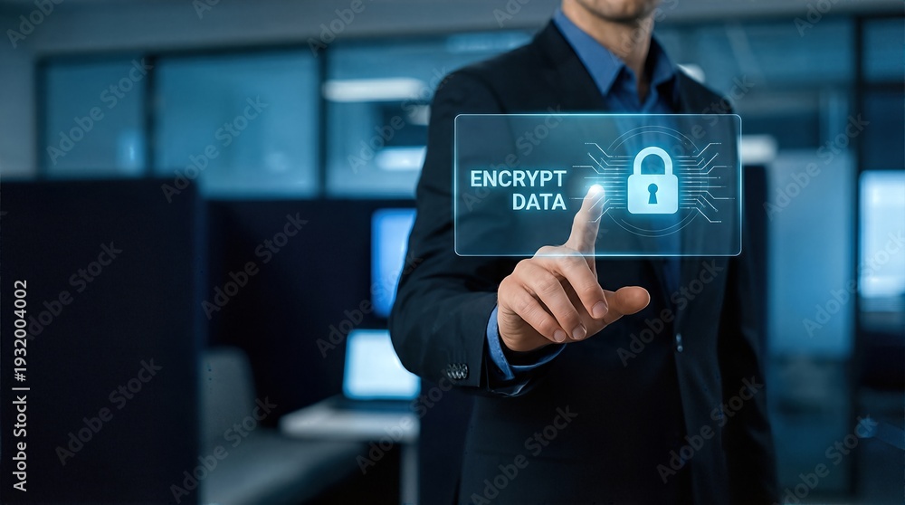 Fototapeta premium Businessman securing data with encryption technology in modern office