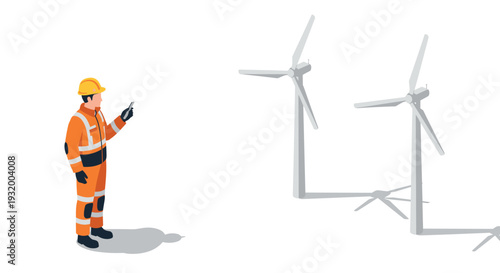 Engineer in safety gear inspecting wind energy turbines on a clear day
