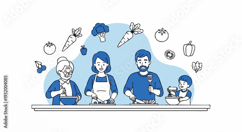 Family cooking together in the kitchen preparing healthy food.