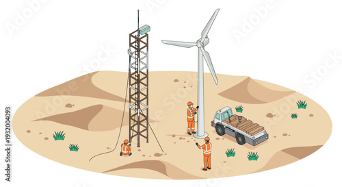 Renewable energy workers installing wind turbine in desert landscape