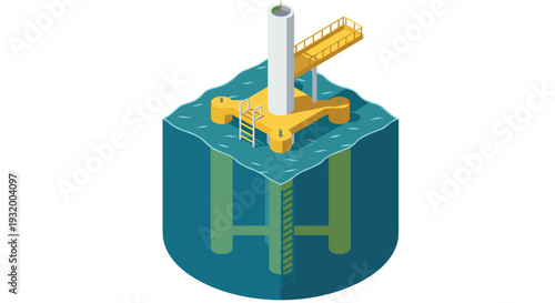 Isometric offshore oil platform in ocean illustration showing subsea structure and engineering details