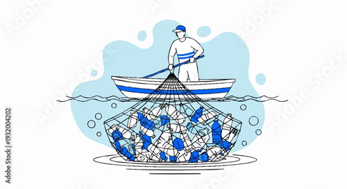 Fisherman casting net from boat catching plastic bottles.