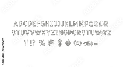 modern graphic resource featuring outlined uppercase alphabet and essential typography symbols on a white background for design.