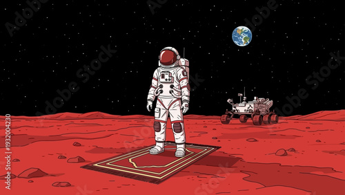 astronaut praying on mars standing on a prayer mat with a rover and distant earth blending spiritual faith and space exploration.