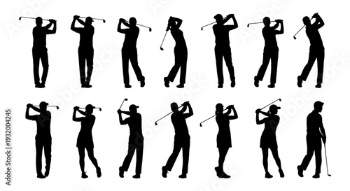 dynamic silhouettes of male and female golfers capturing diverse golf swing actions and movements