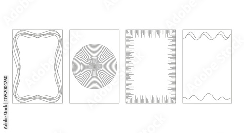 four distinct graphic frames and decorative borders in various abstract and technical styles perfect for design resources.