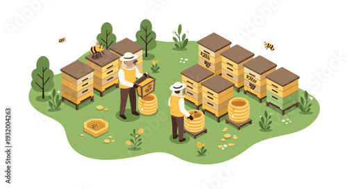 Beekeeping scene with hives and beekeepers in isometric style