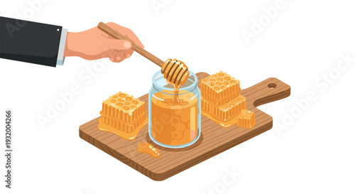 Isometric honey dripping from dipper into jar with honeycomb on wooden board