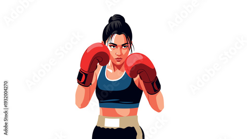 Female boxer in action pose with red gloves on white background