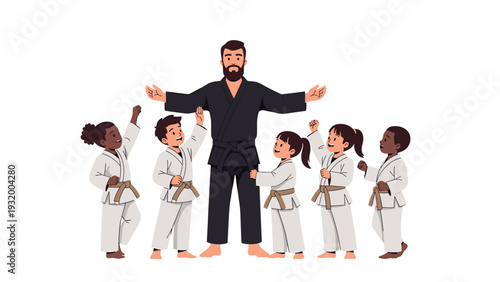 Karate class with mentor and kids in uniform celebrating together