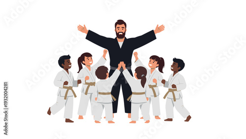 Sensei celebrates with children in martial arts class training uniforms
