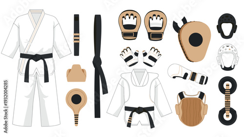 Martial arts equipment collection: uniforms, gloves, and protective gear