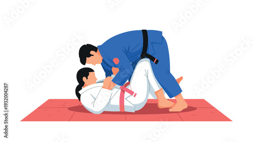 Brazilian jiu jitsu training: grappling on red mat