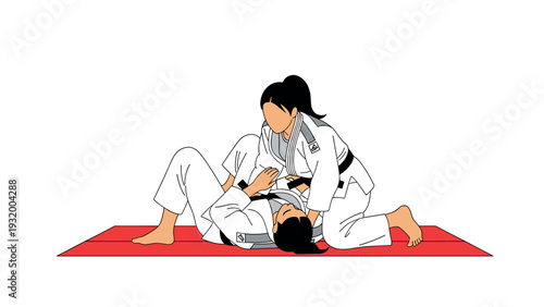 Martial arts training scene with two athletes practicing jiu-jitsu techniques on a mat