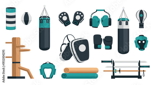 Martial arts equipment collection with gym gear and training tools for fitness enthusiasts
