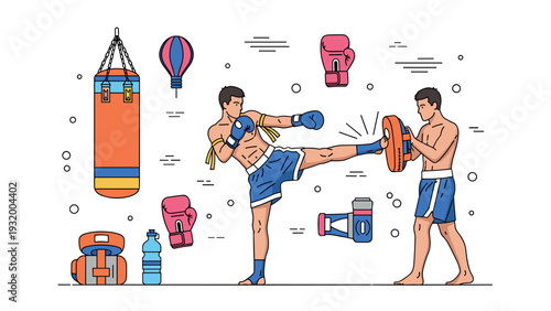 Dynamic kickboxing training scene with gear and fighters in flat design