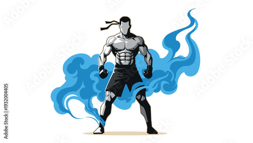 Powerful fighter with blue aura in dynamic pose on white background