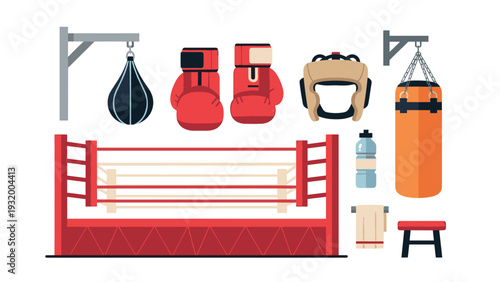 Boxing equipment and ring set in flat design for fitness and training concepts