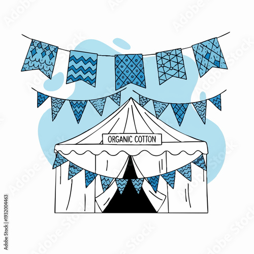 Hand drawn illustration of a tent with organic cotton sign and bunting.