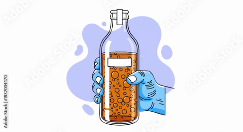 Hand Holding a Refreshing Bottle of Amber Liquid with Bubbles.
