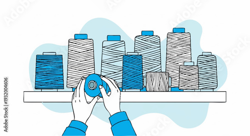 Hands holding a spool of thread surrounded by spools of thread.