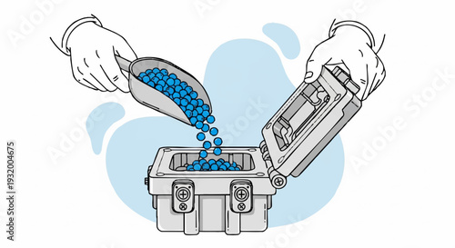 Hands in Gloves Filling Container with Blue Spheres.