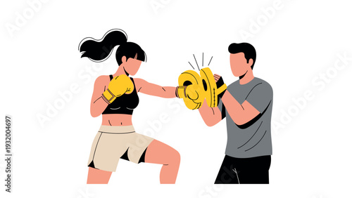 Dynamic fitness training: boxing workout with trainer and athlete in flat style