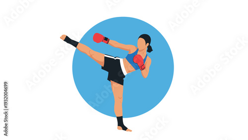 Dynamic martial arts kick with boxing gloves in a minimalist circular background