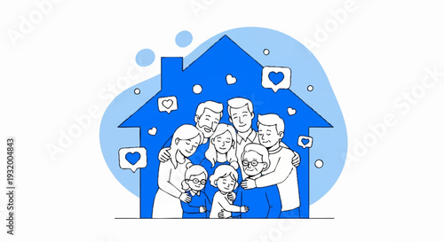 Happy Family Together Inside a Blue House Illustration.