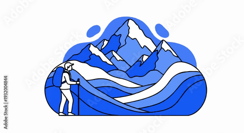 Hiker with Trekking Poles Ascending Majestic Blue Mountains.