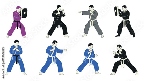 Martial arts practice: diverse karate training poses with protectors in various colored uniforms