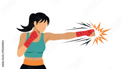 Dynamic female boxer punching with power in flat design